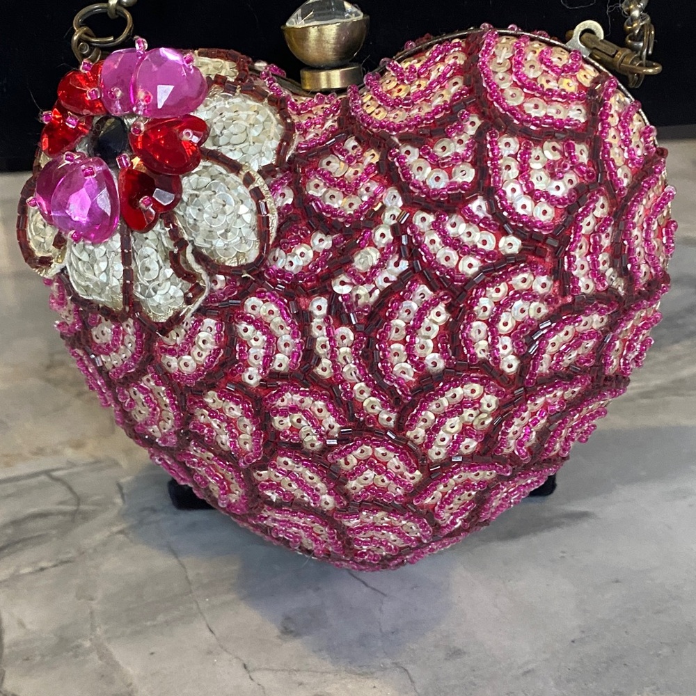 Mary Frances Pink and Red Beaded Heart Clutch